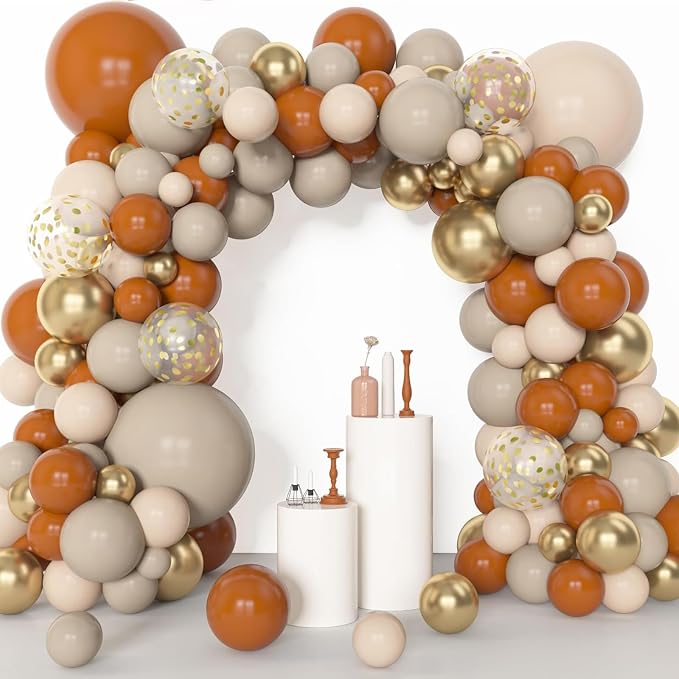 Archloon 156pcs Burnt Orange Balloon Garland Arch Kit, Different Sizes 18 12 10 5inch White Sand Nude Latex Metallic Gold Confetti Fall Thanksgiving Balloons for Baby Shower Birthday Party Decorations