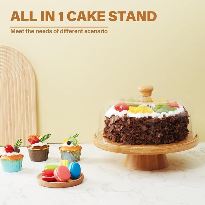 Bamboo Cake Stand with Lid, 6-in-1 Multifunctional Cake Plate, Cake Holder, Serving Tray, Fruit Platter, Salad Bowl, Dessert Table Display & Acrylic Cake Dome Cover
