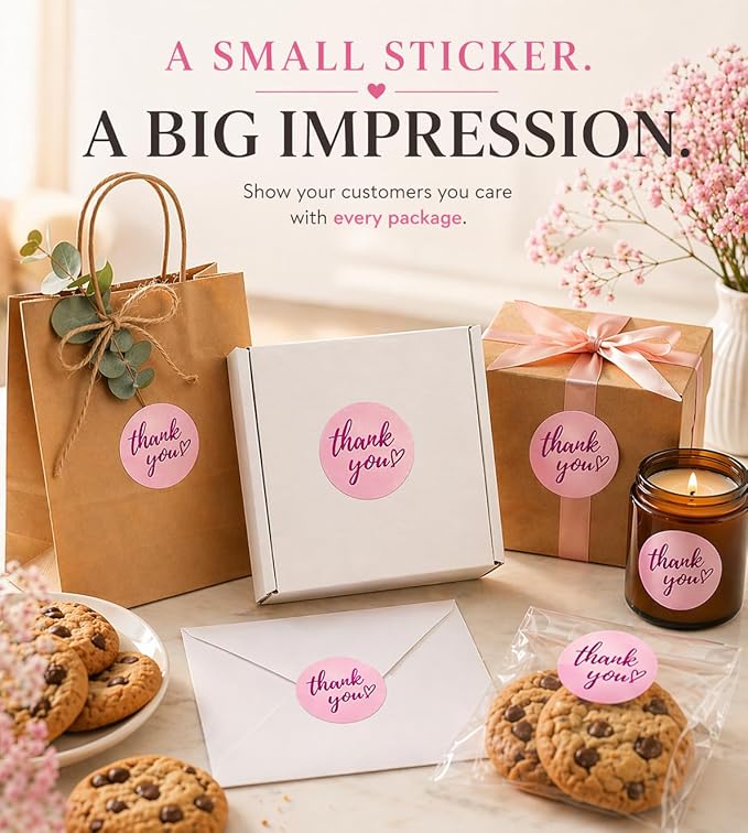 500 Pcs Thank You Stickers β 1.5β Pink Round Labels with Purple Hot Stamping Foil Script & Heart Design, Elegant Small Business Packaging Stickers for Bags, Boxes, Envelopes & Party Favors
