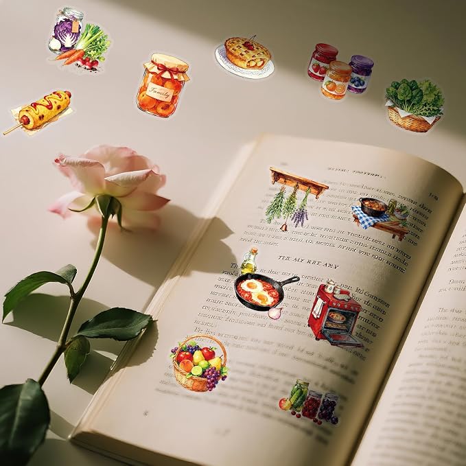 56 pcs Kitchen Food Cooking Clear PET Stickers, Vintage Bakery Bread Fruit Vegetable Transparent Die-Cut Decals, Waterproof Aesthetic Stickers for Journal Planner Scrapbook Recipe Book DIY Decor