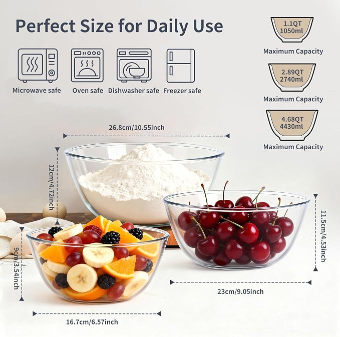 Glass Mixing Bowls with Lids Set(4.68 QT+ 2.89 QT+ 1.1QT)-Large Glass Mixing Bowls, Clear Salad Bowl for Baking, Cooking, Serving, Food Prep, 3PC Nesting Bowls for Kitchen Storage & Dishwasher Safe
