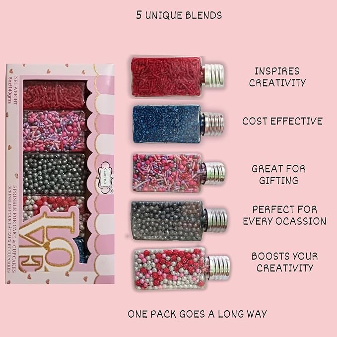 Confect Edible Sprinkles for Cake Decorating - Red Jimmies, Blush Pink Red Gun Metal Silver Pearl Mix with Navy Sparkling Sugar | Vegan, Gluten-Free, Dessert Topping - 5 Oz