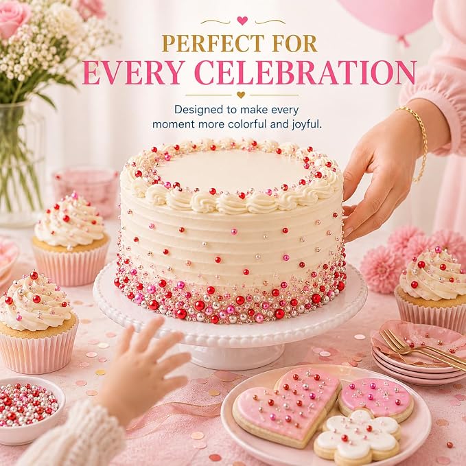 Confect Assorted Edible Sprinkles Pack of 5 – Red, Pink & Silver Dragees with Silver Sparkling Sugar | Costume Party Disco Ball Mix for Cake & Cupcake Decoration | Vegan, Gluten-Free, Nut-Free, Soy-Free, Dairy-Free, Palm Oil-Free - 5 Oz