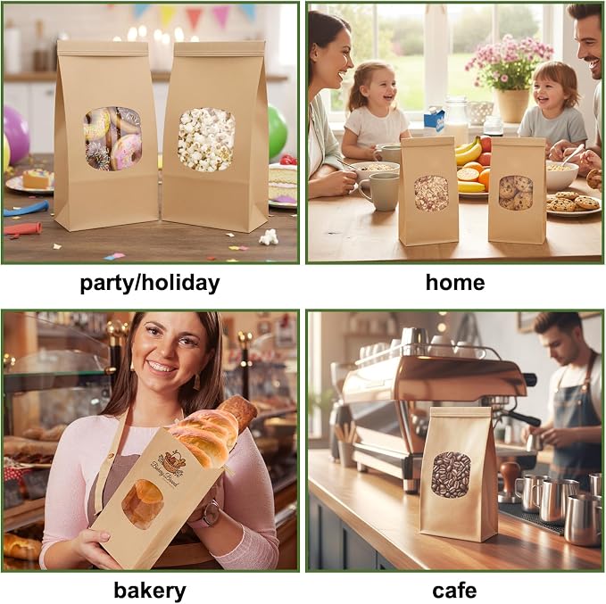 Moretoes 100pcs Medium Bakery Cookie Bags with Window, 4.5x2.36x9.6in, Seal by Tin Tie Tab, Kraft Paper Bags for Cookie Coffee Bread Bakery Pastry Packing