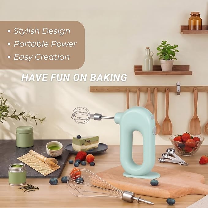 Colorful Mini Cordless Hand Mixer, Self-Standing USB Rechargeable Handheld Egg Beater with 4 Speeds & 2 Whisks, Lightweight Portable Electric Whisk for Kitchen Baking and Cooking(Green)