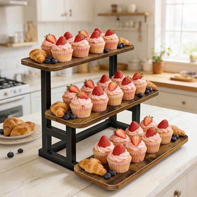 Lilybud--lily 3 Tier Cupcake Stand, Wooden Risers Display Stands Stepped Dessert Table Display Set with Metal Frame Tiered Tray Stand Serving Trays for Party Farmers Market Display
