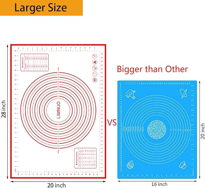 Silicone Baking Mat,Non Stick Rolling Dough with Measurements for Pie Pizza Cookies Fondant Making,Extra Thick Non Slip Silicone Pastry Mat (Red, XL-20"×28")