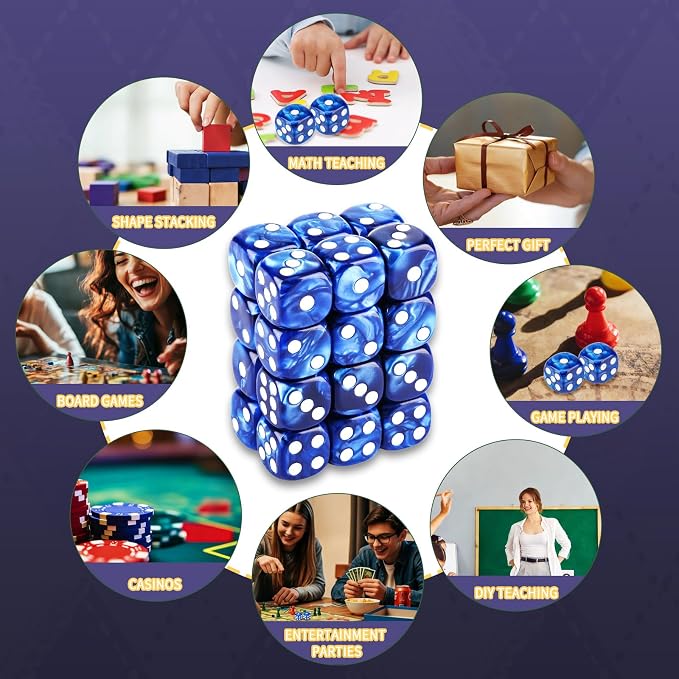 24 of Pack 16MM 6 Sided Dice Set,Pearl Pattern D6 Game Dice Set, 6 Sided Standard Dices for Yahtzee, Bunco or Teaching Math,with Portable Dice Pouch(Blue Pearl)