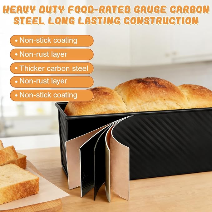Pullman Loaf Pan with Lid,Non-Stick Carbon Steel Corrugated Toast Mold with Plastic Spatula and Basting Pastry Brush,1 LB Dough Capacity for Homemade Sandwich and Sourdough Bread(Black)
