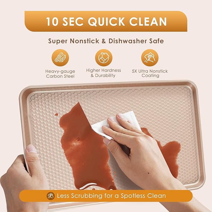 Baking Sheet Pan Set of 3, Nonstick Carbon Steel Cookie Sheets with Texture | Commercial Half/Quarter/Jelly Roll Pans Replacement Toaster Oven Tray, Heavy Duty & Easy Clean, Rose Gold