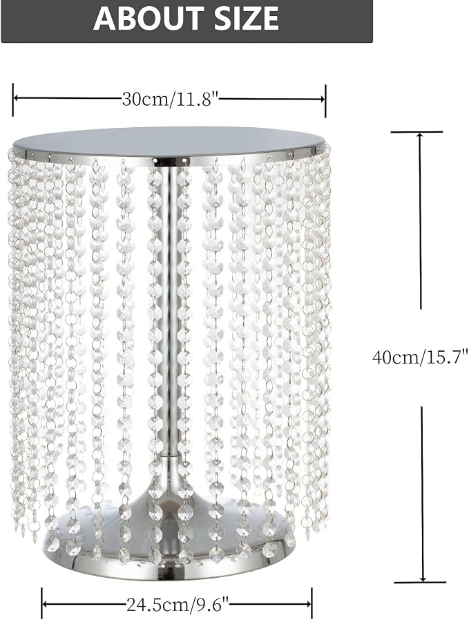 Wedding Cake Stand for Dessert Table 12 Inch Silver Crystal Pendants Metal Cake Stand Serves as A Round Dessert Cupcake Display Plate 16 Inch Tall (Silver)