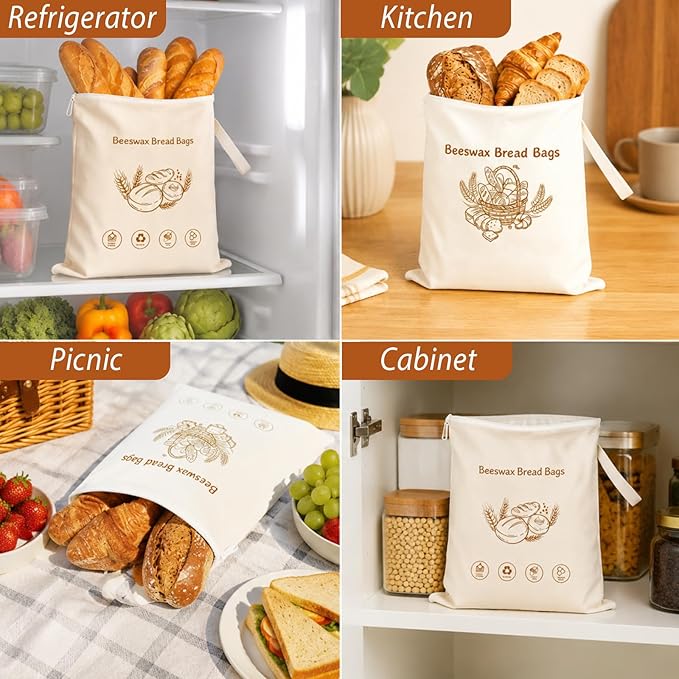 2 Pack Beeswax Bread Bags for Homemade&Sourdough, 17"x13" XL Reusable Organic Linen with Wide Zipper, Freezer-Friendly Eco-Friendly Storage for Bread, Keeps Loaves Fresh Longer