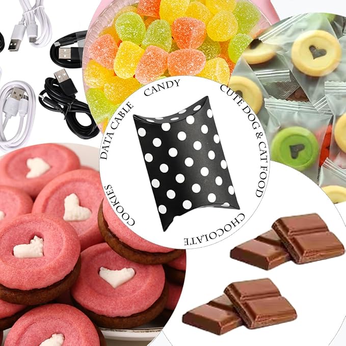 50 Pcs Kraft Paper Pillow Gift Boxes,3.5x2.6 Inch Mini Folding Treat Boxes, Creative Favor Box Folding Treat Boxes for Bakery, Candy, Jewelry, Wedding & Party Favors(Black dots)