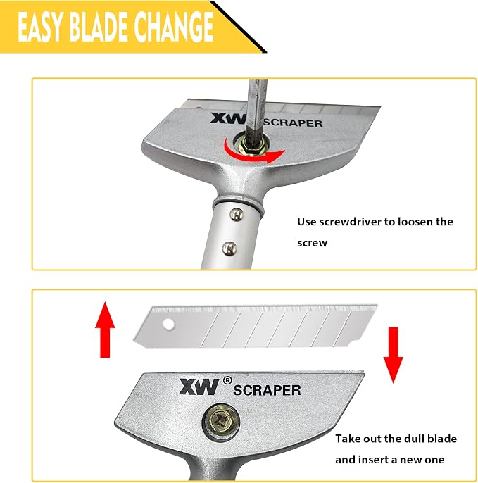 XW Razor Blade Scraper with Adjustable Handle, 23" Long Handle Heavy Duty Floor Scraper, Extra 10 PCS Blades Included