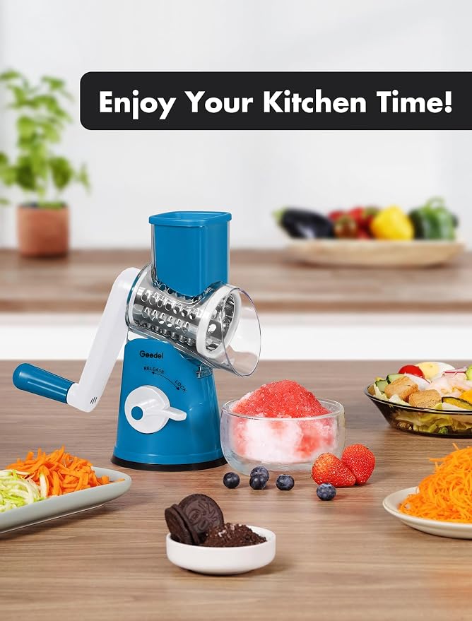 Geedel Rotary Cheese Grater Cheese Shredder - Upgraded 5-in-1 Cheese Grater with Handle and Strong Suction Base, Multi-purpose Vegetable Slicer Ice Shaver Nuts Grinder for Cheese, Vegetables, Ice