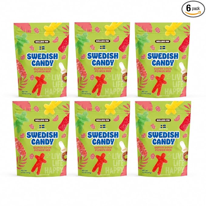 Rolling Pin Pack of 6 Super Sour Power Gummy Swedish Candy - 31.2 oz