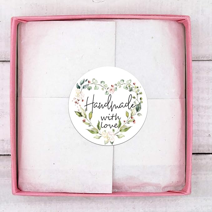 Greenery Handmade Labels, 1.4 in Round, 500 Adhesive Labels per Roll, Handmade Packaging