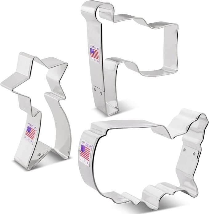 Ann Clark 3-Pc Fourth of July Cookie Cutter Set (Flag, Shooting Star, USA Map), Made in USA
