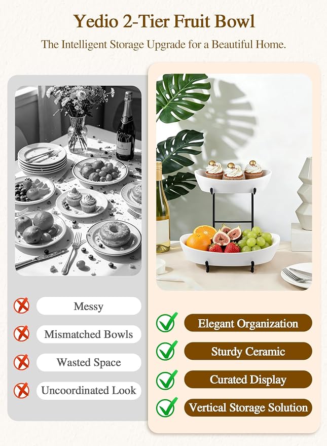 2 Tier Fruit Bowl for Kitchen Counter, Modern Black Ceramic Fruit Basket Stand, Small Space Saving Tiered Fruit Holder for Kitchen Organizer, White Porcelain Snack & Bread Display Serving Tray