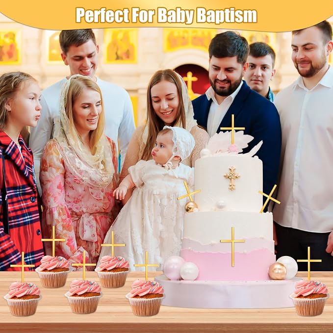 18pcs Baptism Cake Toppers Acrylic Cross Cupcake Toppers Gold Crossing Cake Charm for Baby Shower Birthday Wedding Party Christian Decorations