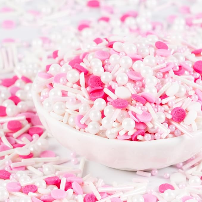 Pink Sprinkles for Cake Decorating 7 OZ Edible Pearl Sugar Sprinkles Topper for Cookie Cupcakes, Candy, Cream, Chocolate Cake Decorations - Jimmies, Nonpareils, Confetti