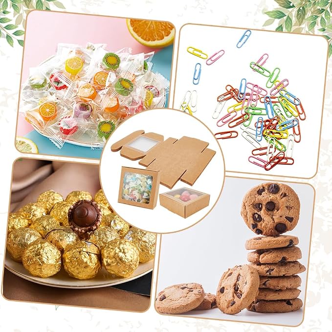 BENECREAT 18 Packs 4x4x1.6 Inch Brown Kraft Paper Box with Clear Windows Foldable Paper Gift Box Goodies Candy Box Dessert Box for Party Wedding Bakery Packaging