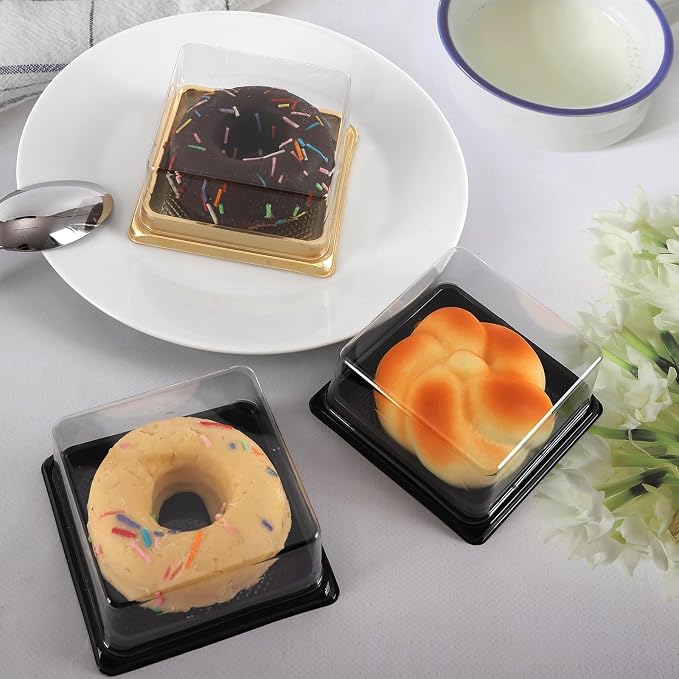 Hewnda 50 Pack of Gold Cake Pans,bottom 3 inch X height 1-1/2 inch of Clear plastic mini cake box muffins box cookies box wedding birthday gift box