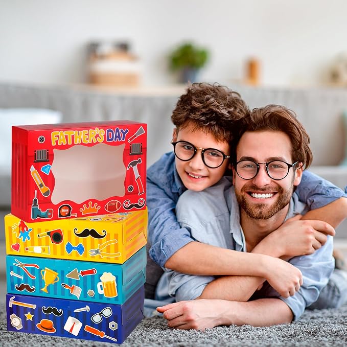 HOWAF Happy Father's Day Cookie Boxes with Transparent Window, Fathers Day Goody Candy Paper Treat Boxes for Dad Day Best Dad Ever Daddy Birthday Party Supplies-Set of 12