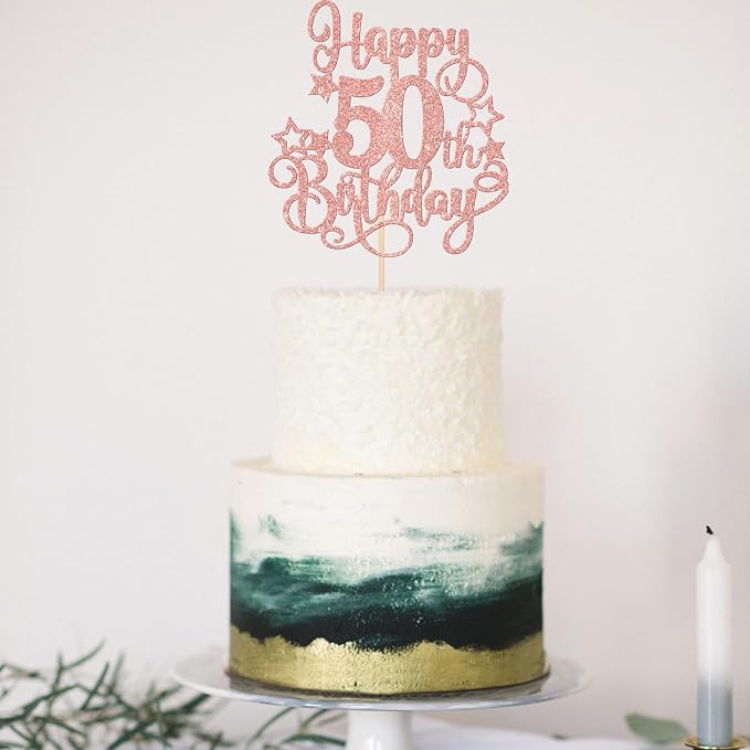 1 PCS Happy 50th Birthday Cake Topper Glitter Cheers to 50 Years Birthday Cake Pick Hello 50 Fabulous Cake Decoration for Happy 50th Birthday Anniversary Party Decorations Supplies Rose Gold