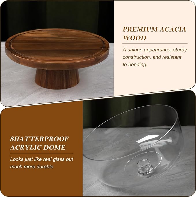 Bellsal Wooden Cake Stand with Lid, Acacia Cake Stand with Plastic Dome, 12-Inch Versatile Dessert Table Display Set & Charcuterie Board for Cheese, Chips & Dips, Fruit Platter, Cake Holder for Party