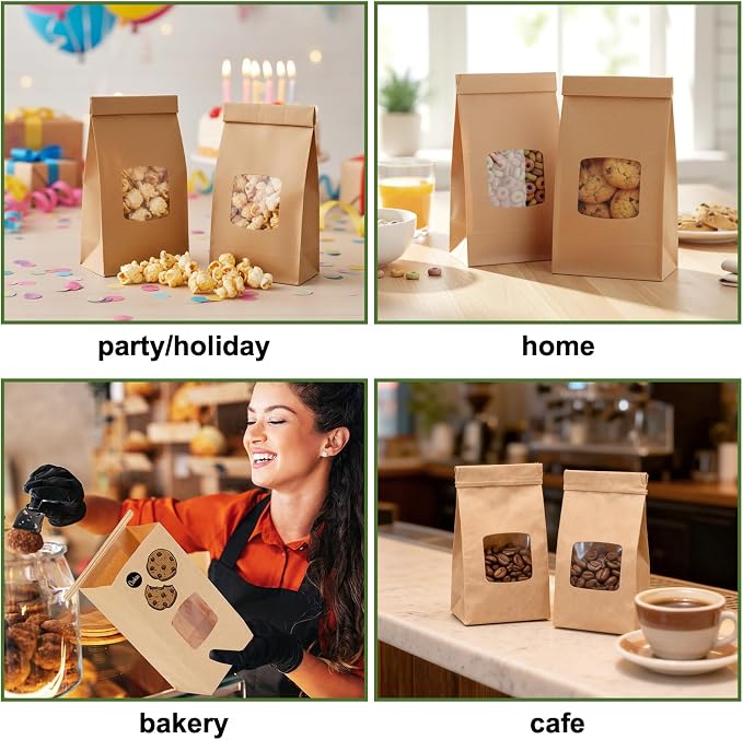 Moretoes 100pcs Small Bakery Cookie Bags with Window, Brown Kraft Paper Bags for Homemade Bread Cookie, 3.5x2.2x6.7in Tin Tie Tab