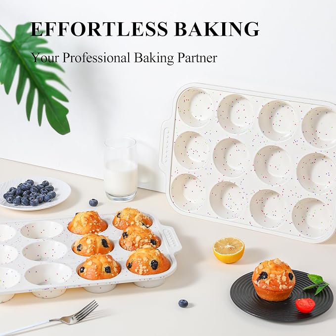 Vinino Silicone Muffin Pan for Baking with Metal Reinforced Frame, 12 Cups Regular Size Silicone Cupcake Pan with Non-Slip Handle, Nonstick Muffin Tray for Oven, BPA Free, Dishwasher Safe
