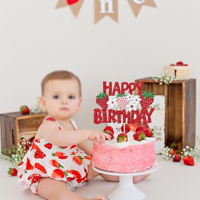 1 PCS Strawberry Happy Birthday Cake Topper Red Glitter Flower Fruit Strawberry Cake Pick Berry Birthday Cake Decoration for Strawberry Theme Baby Shower Birthday Party Cake Decorations Supplies