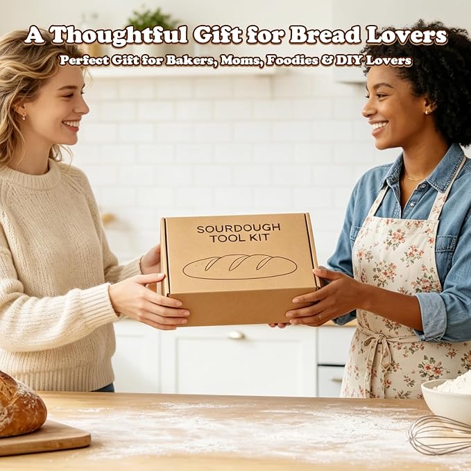 Sourdough Starter Kit, 13 PCS Bread Making Kit with 24 oz Sourdough Starter Jar, 9” Banneton Proofing Basket, Dough Whisk, Bread Lame, Thermometer, Bread Knife for Beginners and Home Bakers