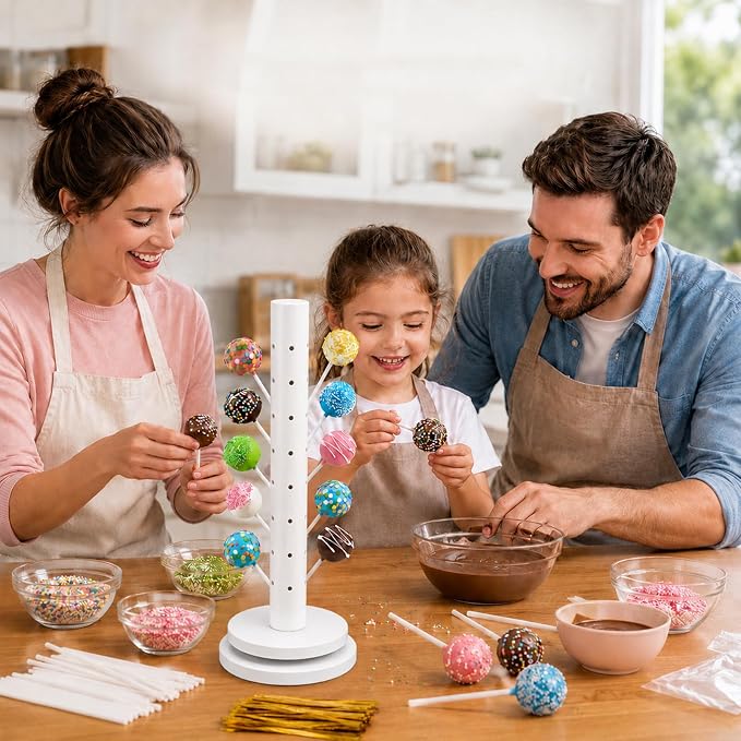 Wooden Cake Pop Stand Kit with 360° Spinning Base, 49Hole Lollipop Holder with Cake Ball Scoop, 100 Paper Sticks, 100 Clear Treat Bags and 100 Twist Ties, Easy Twist Assembly for Parties (White)