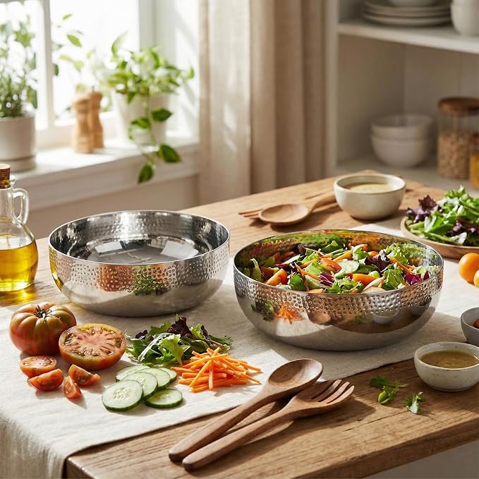 Honeydak 2 Pack Stainless Steel Hammered Salad Bowl 118oz & 152oz Large Metal Serving Mixing Bowl Decorative for Popcorn Fruit Kitchen Cooking Baking Salad Prep Food Storage