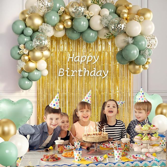 157PCS Sage Green Gold White Balloons Garland Arch Kit with Fringe Curtain for Birthday Baby Shower Gender Reveal Weddings Bridal Shower Graduation Party Decorations