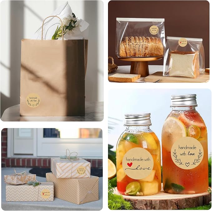 2000 Pcs Handmade with Love Stickers 1‘’ Thank You Stickers Kraft Paper Sticker Label for Homemade Goods, Envelopes, Party Deco, Bakery