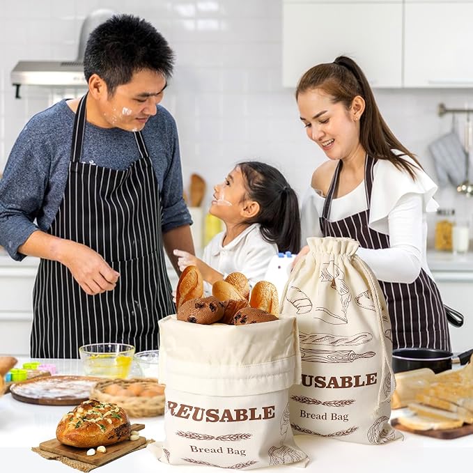 Bread Bags for Homemade Bread, 2 Pack Reusable Bread Bags, Linen Bag with Plastic Liner for Sourdough & Bread Storage