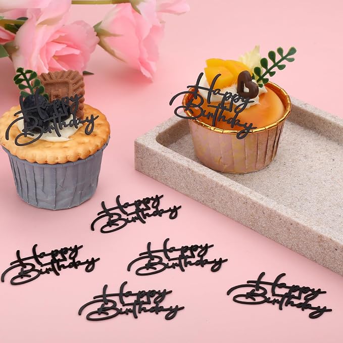 Weysat 30 Pcs Black Mirror Acrylic Cupcake Toppers Happy Birthday Cake Decorations for Birthday Party Cupcake Toppers