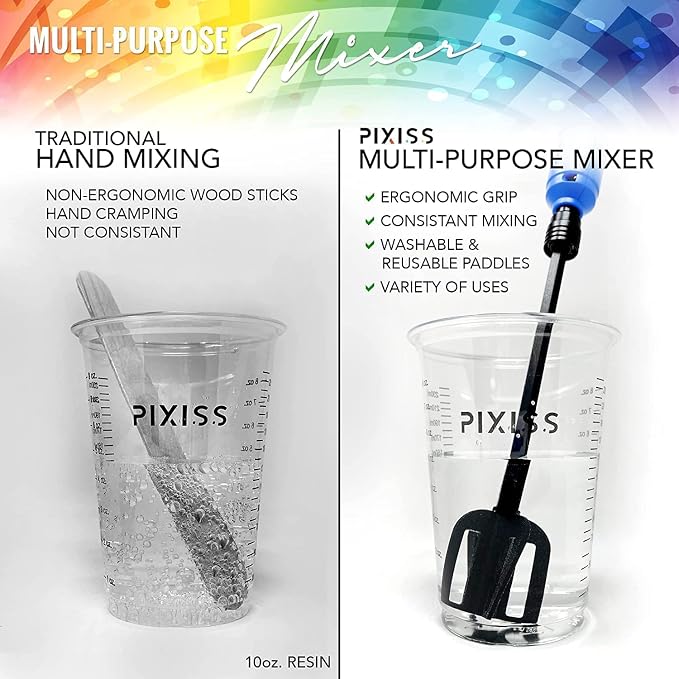 Pixiss Premium Resin Mixer, Handheld Rechargeable Epoxy Mixer Pro Grade, Stirrer for Resin, DIY Crafts Tumbler, Silicone Mixing - Includes 20 Cups, Bundle C (Medium)