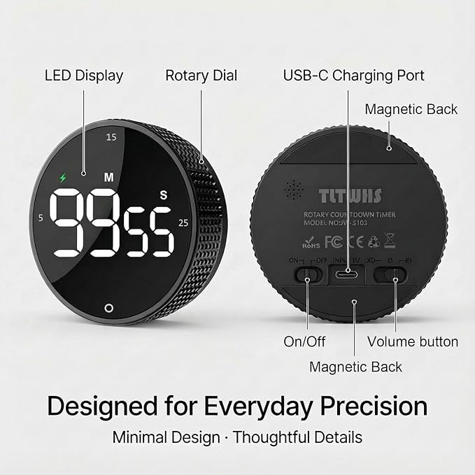Rechargeable Magnetic Kitchen Timer, LED Countdown/Count-Up Timer, Supports USB-C Charging, with Loud Alarm, 3 Preset Quick Times (5/15/25m), Perfect for Kitchen Cooking, Studying, and Fitness