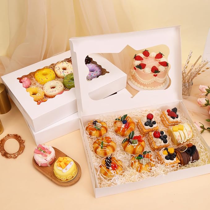 Moretoes 60pcs 16x11x2.5 Inch Cookie Boxes (Not Popup), Bakery Boxes with 3 Style Window for Pastries, Pies, Muffins, Chocolate Covered Strawberries