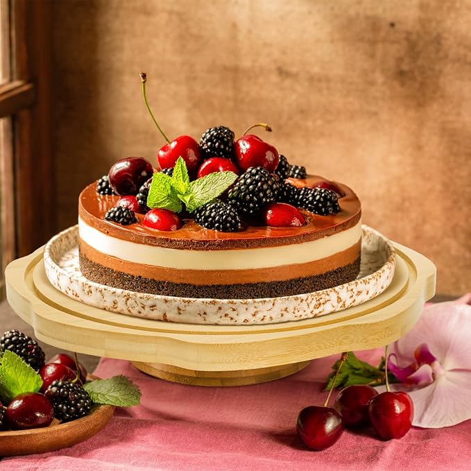 Pumtus Rotating Cake Stand with Acrylic Lid, Round Bamboo Cake Turntable for Decorating, Spinning Charcuterie Board with Dome, Dessert Display Platter, Pastry Cheese Pie Holder for Birthday Wedding