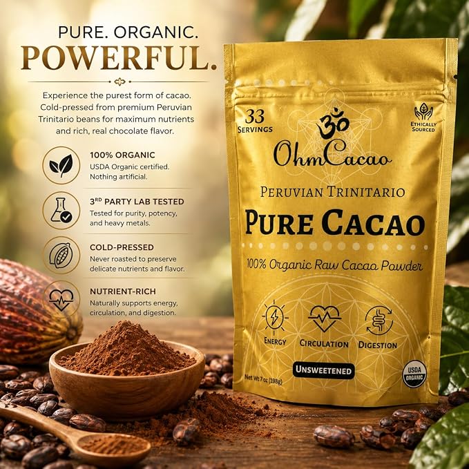 Pure Raw Organic Cacao Powder | Premium Ceremonial Grade Cacao | Natural Source of Flavanols, Magnesium, Iron & Theobromine | Sugar-Free Hot Cocoa Chocolate Drink & Baking Mix | Unsweetened - (33 Servings)