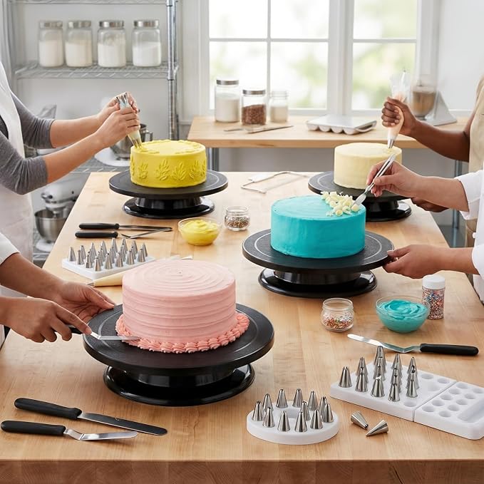 4 Pack 11 Inch Rotating Cake Turntable for Decorating, Smooth Cake Spinner Stand Revolving Turntable, Black Plastic Cake Stand for Baking Display