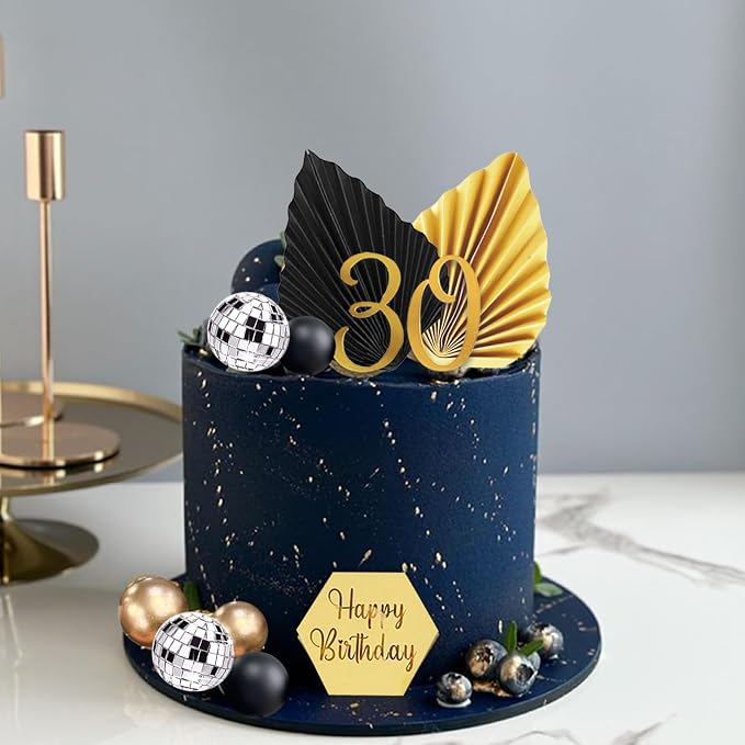 37Pcs Gold Black Balls Cake Topper Man Cake Decorations with Disco Balls Palm Leaves Acrylic Numbers 0-9 and Happy Birthday Cake Topper for Men Boy Black Theme Birthday Baby Shower Party Supplies