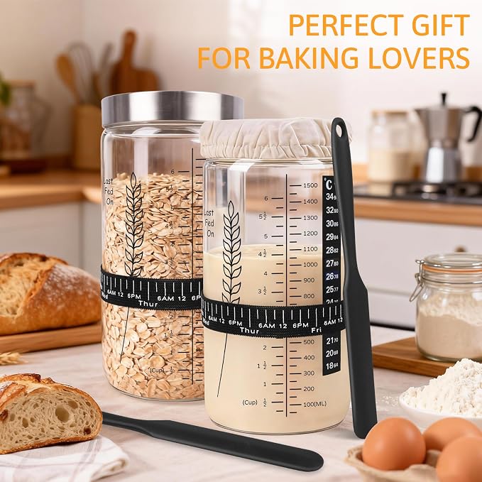 Premium Sourdough Starter Jar, 57oz Large Capacity Sourdough Jar | Sourdough Bread Starter Kit for Perfect Sour Dough Bread (Black, 2 Pack)