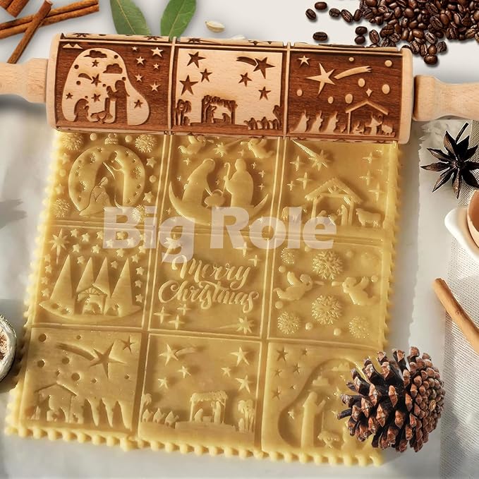 Christmas Embossed Rolling Pin for Baking Cookies Embossing Rolling Pins with Design Wooden Engraved Springerle Roller Pin Dough Patterned Clay Pottery Ceramic Bakers Women (Nativity Patterns)