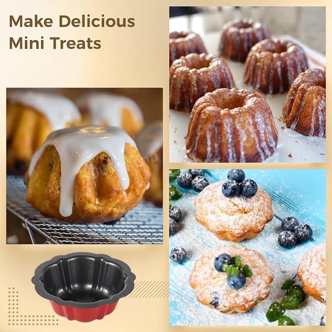Homaisson 16PCS Mini Fluted Tube Pan, 4.5Inch Carbon Steel Mini Cake Molds, Nonstick Reusable Oven Baking Mold for Cupcake, Bread, Bavarois, Brownie